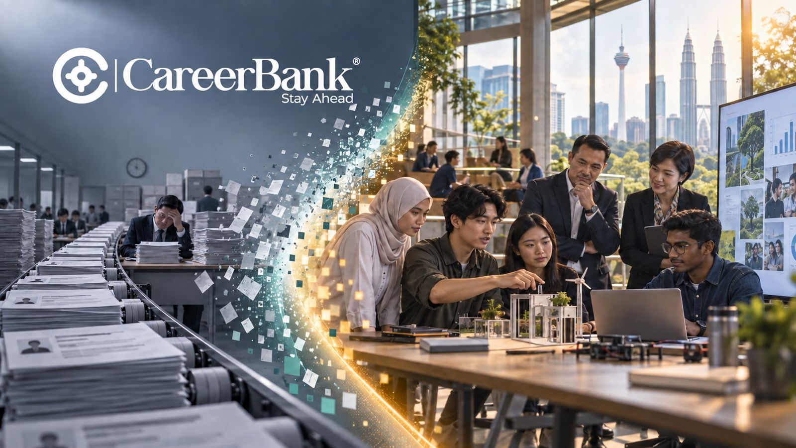 CareerBank team collaborating, with the Kuala Lumpur skyline in the background